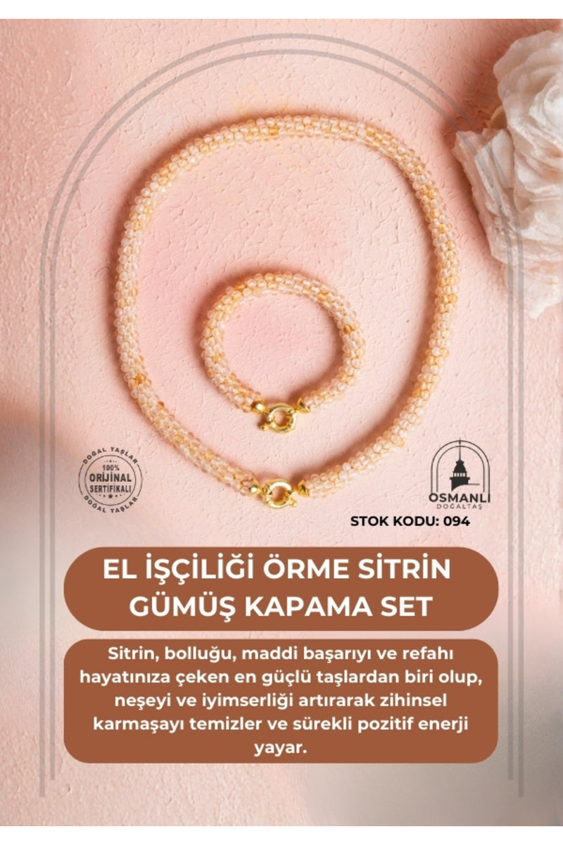 Sertifikalı El İşçiliği Örme Sitrin Gümüş Kapama Set (SK:094)