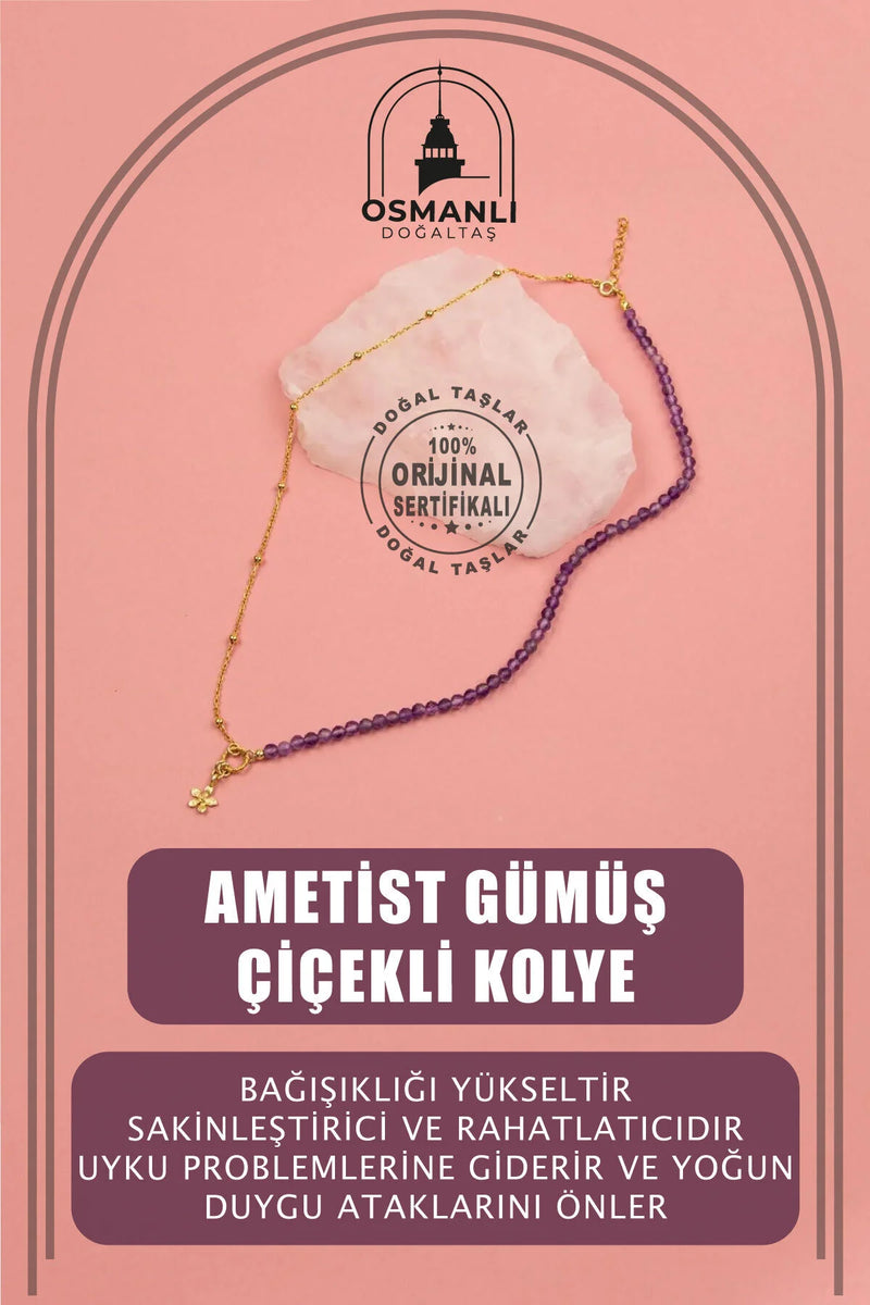 Ametist Doğal Taş Gümüş Çiçekli Kolye
