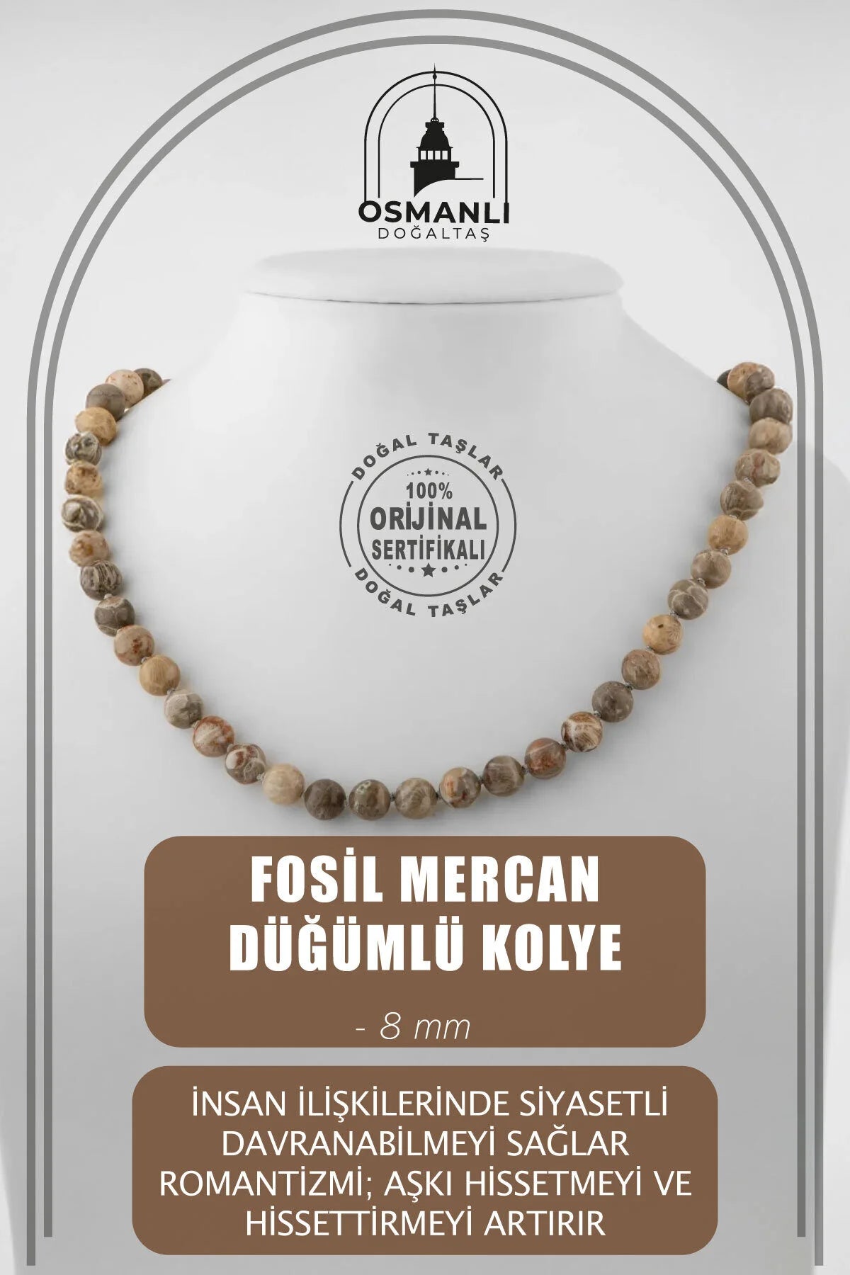 Fosil Mercan 8 mm Düğümlü Doğal Taş Kolye