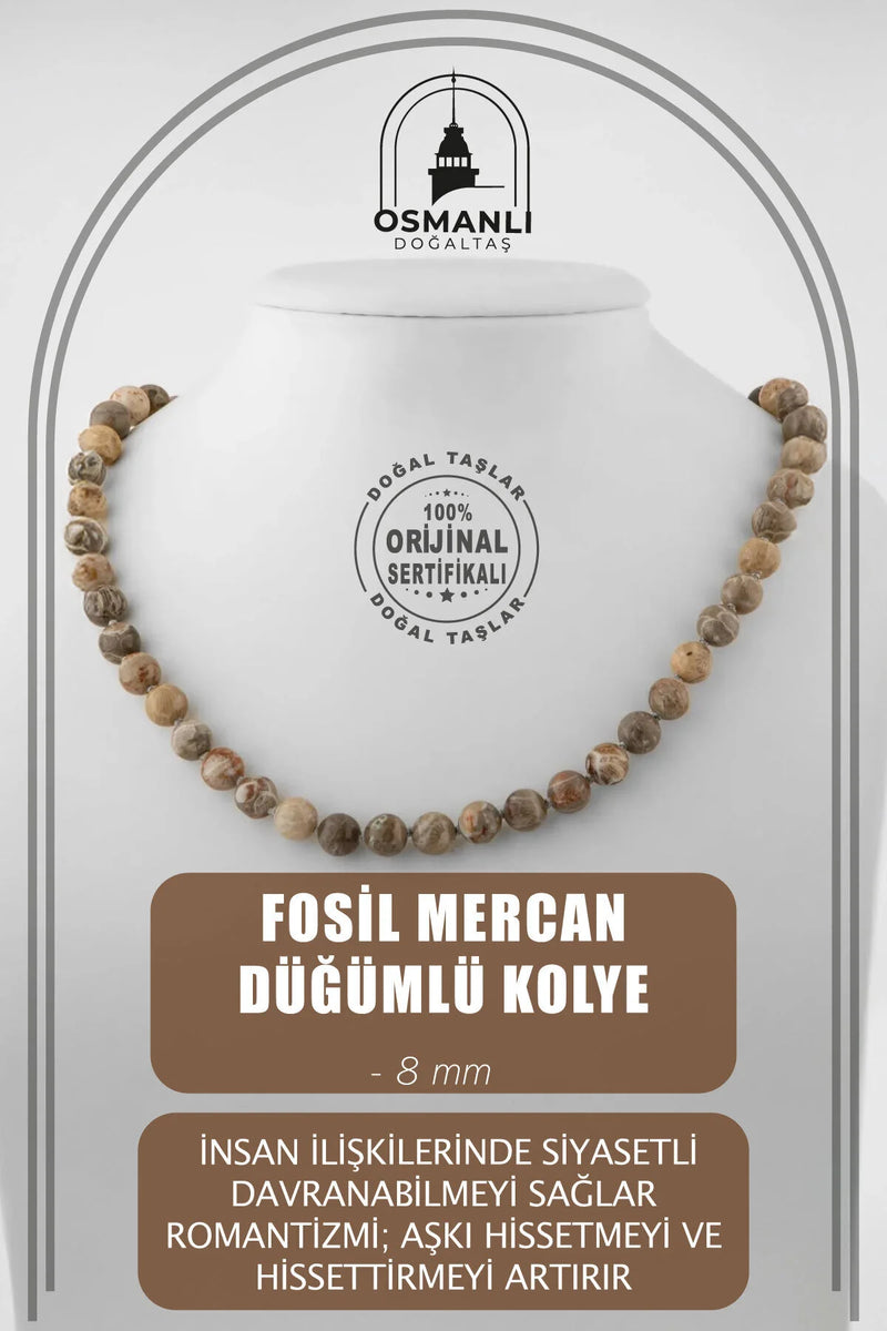 Fosil Mercan 8 mm Düğümlü Doğal Taş Kolye