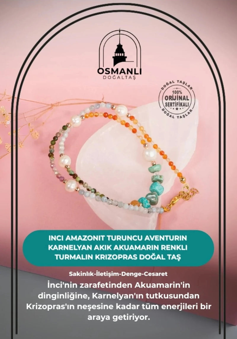İnci-Amazonit-Turuncu Aventurin-Karnelyan Akik-Akuamarin-Renkli Turmalin-Krizopras Doğal Taş Kolye