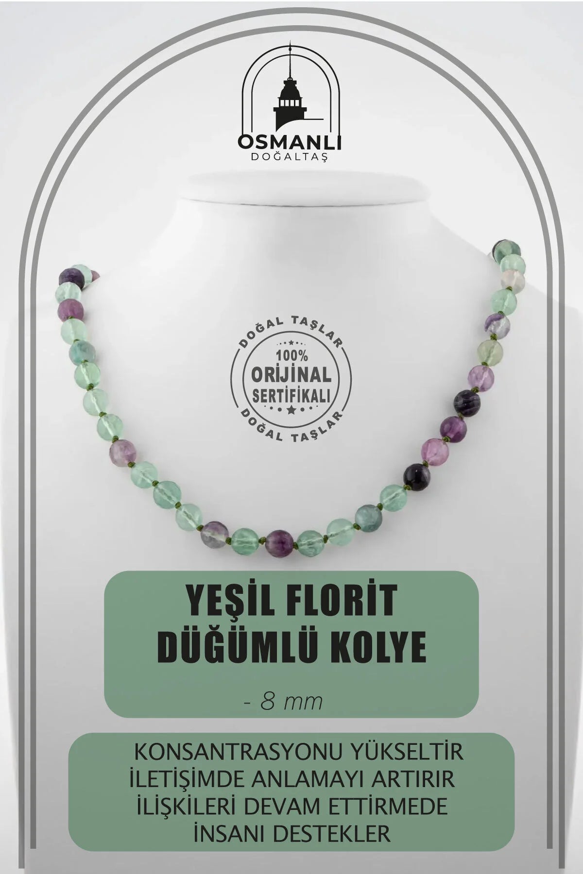 Yeşil Florit 8 mm Düğümlü Doğal Taş Kolye