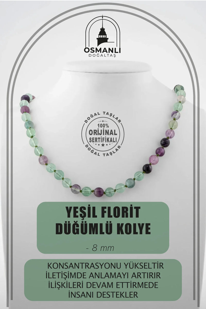 Yeşil Florit 8 mm Düğümlü Doğal Taş Kolye