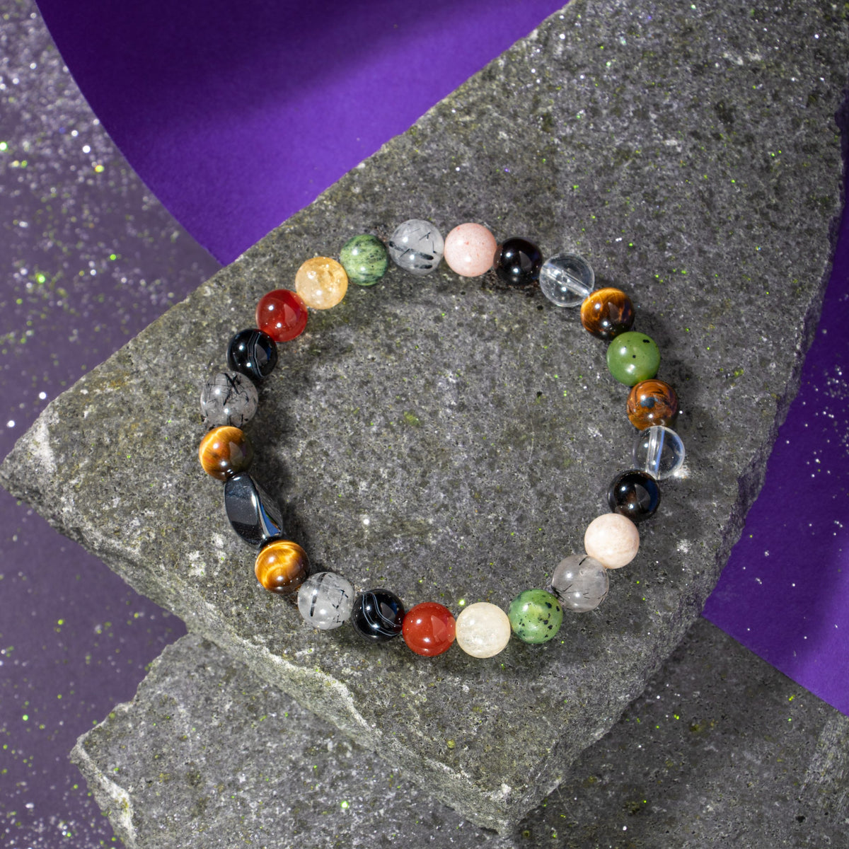 İkizler Burcu Bileklik Güneş Taşı, Kaplan Gözü, Kırmızı Akik, Kristal Kuvars, Rutilli Kuvars, Sitrin, Yeşim