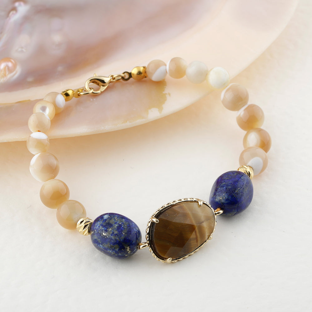 Sedef-Lapis Lazuli-Kaplan Gözü Doğal Taş Bileklik