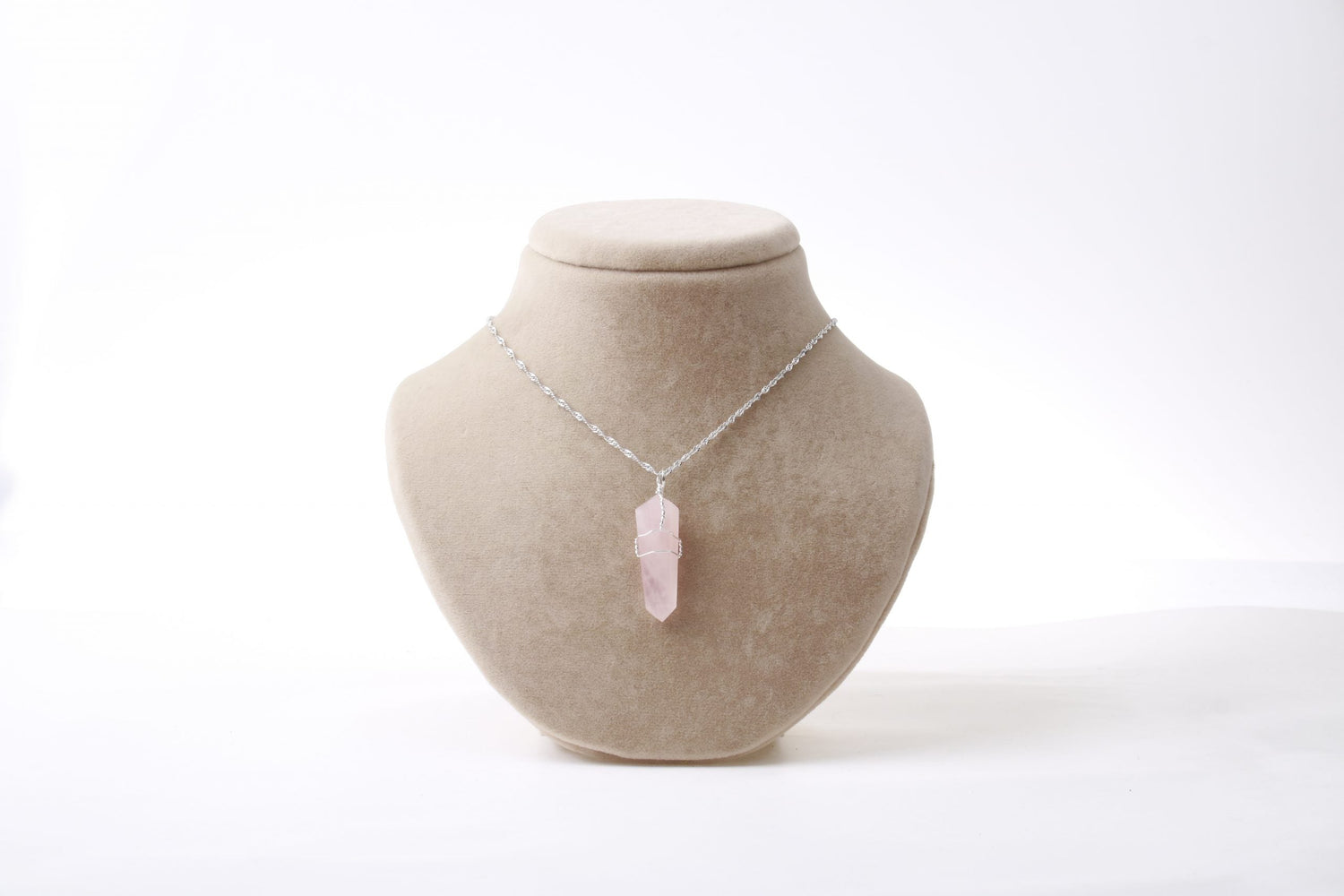 Pembe Kuvars Doğal Taş Kolye Ucu 3x1 cm, Gümüş Zincir