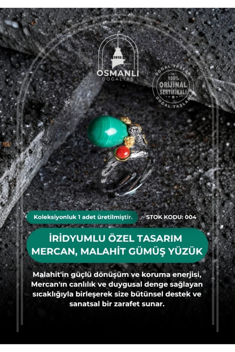 Sertifikalı İridyumlu Malahit, Mercan Özel Tasarım Gümüş Yüzük (Kadın) (SK:004)