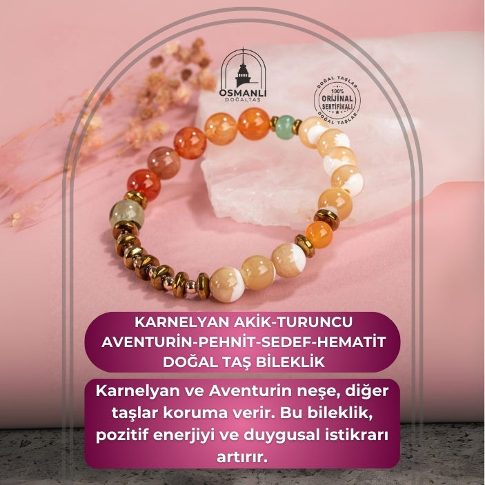 Karnelyan Akik-Turuncu Aventurin-Pehnit-Sedef-Hematit Doğal Taş Bileklik