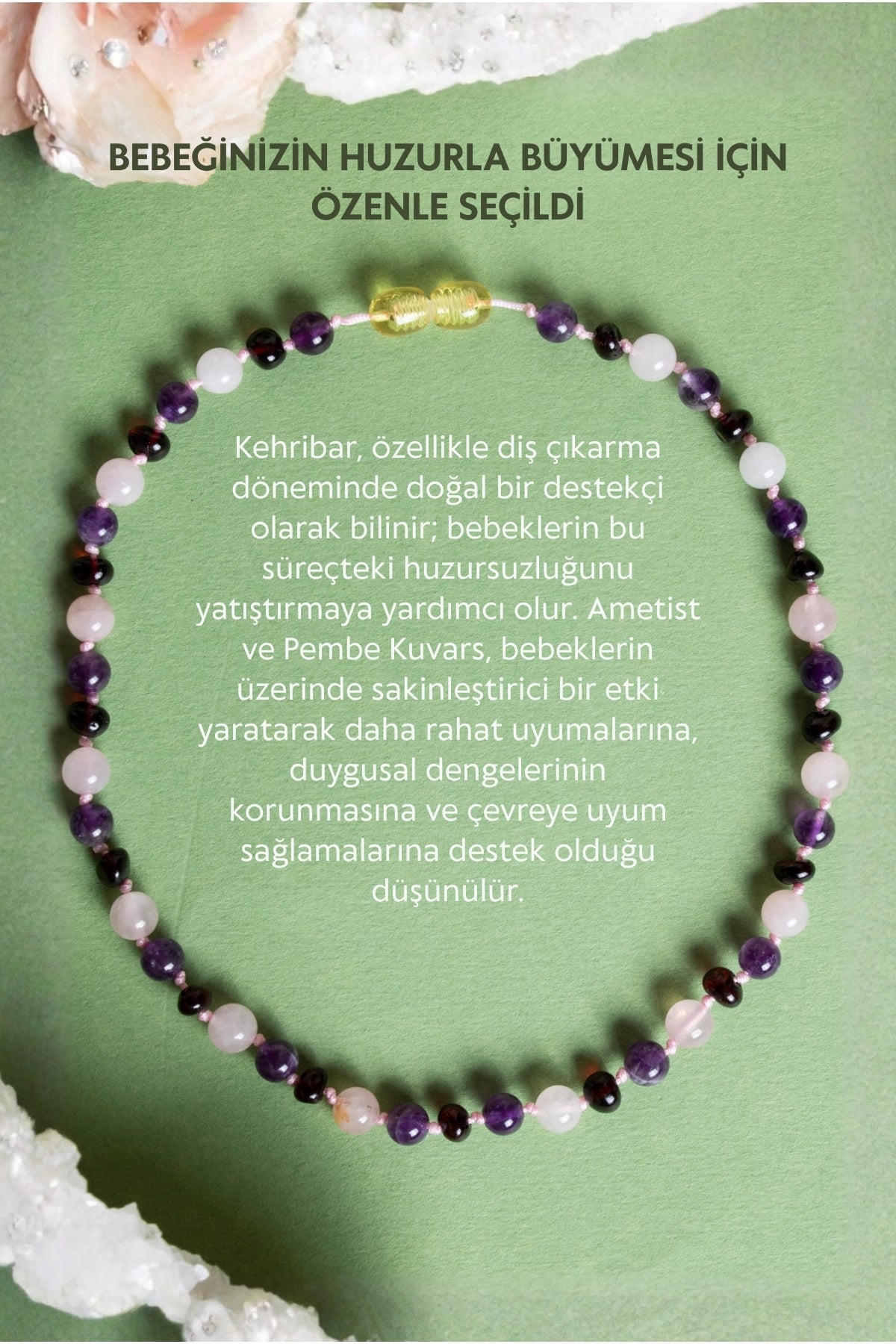 Sertifikalı Bebek Kehribar Kolye-ametist-kehribar-pembe Kuvars (33-35 CM)