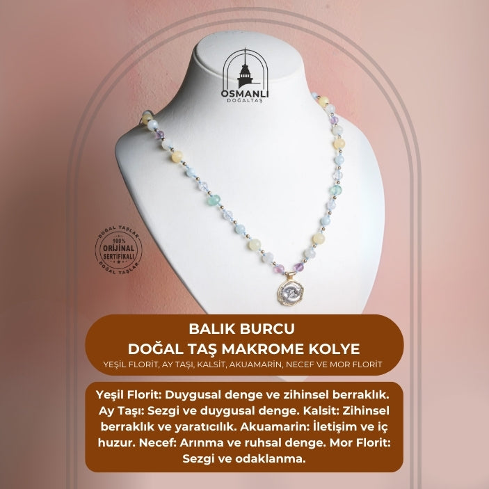 Sertifikalı Balık Burcu Doğal Taş Makrome Kolye