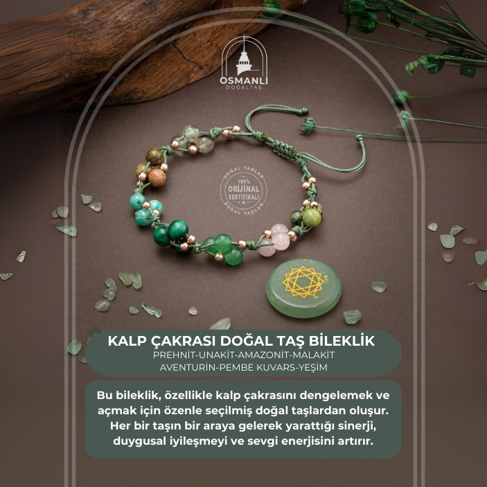 Kalp Çakrası Doğal Taş Bileklik - Prehnit-Unakit-Amazonit-Malakit-Aventurin-Pembe Kuvars-Yeşim