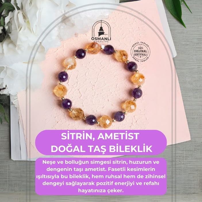 Sertifikalı Sitrin, Ametist Fasetli Doğal Taş Bileklik