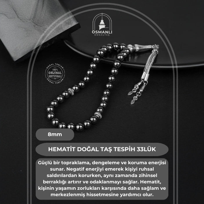 Hematit Doğal Taş Tesbih 33lük - 8mm