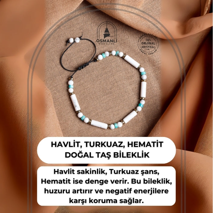 Sertifikalı Havlit, Turkuaz, Hematit Doğal Taş Makrome Bileklik