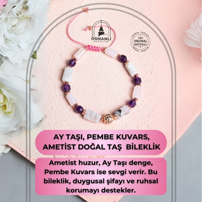 Sertifikalı Ay Taşı, Pembe Kuvars, Ametist Doğal Taş Makrome Bileklik