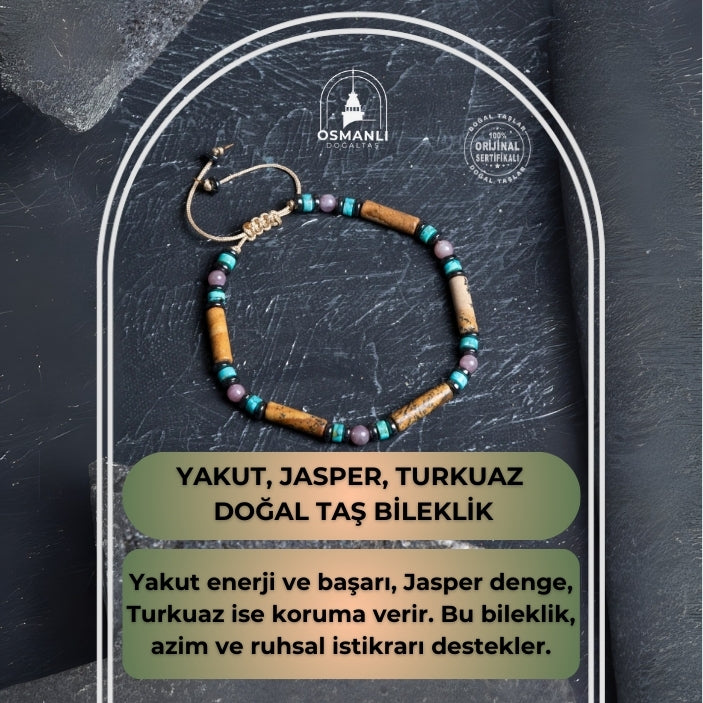 Sertifikalı Yakut, Jasper, Turkuaz Doğal Taş Makrome Bileklik