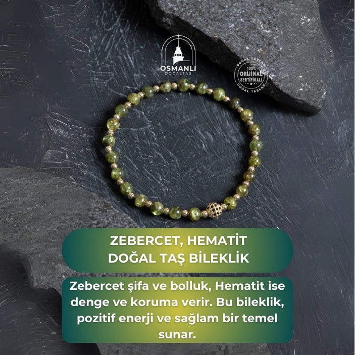Sertifikalı Zebercet, Hematit Zirkon Aparat Doğal Taş Bileklik