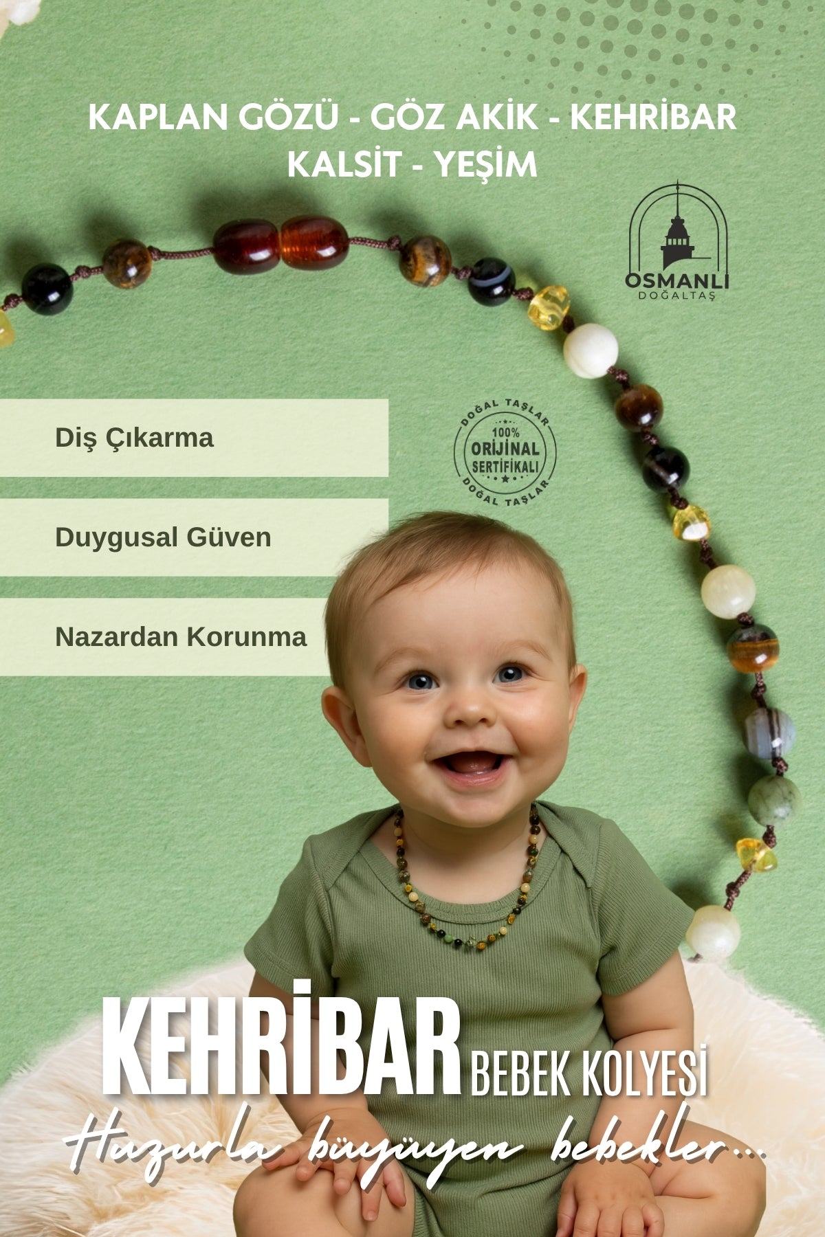 Sertifikalı Bebek Kehribar Kolye Kehribar - Yeşim - Kaplan Gözü - Kahve Göz Akik- Kalsit