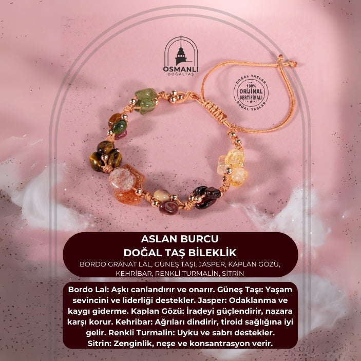 Aslan Burcu Bileklik Bordo Granat Lal, Güneş Taşı, Jasper, Kaplan Gözü, Kehribar, Renkli Turmalin, Sitrin
