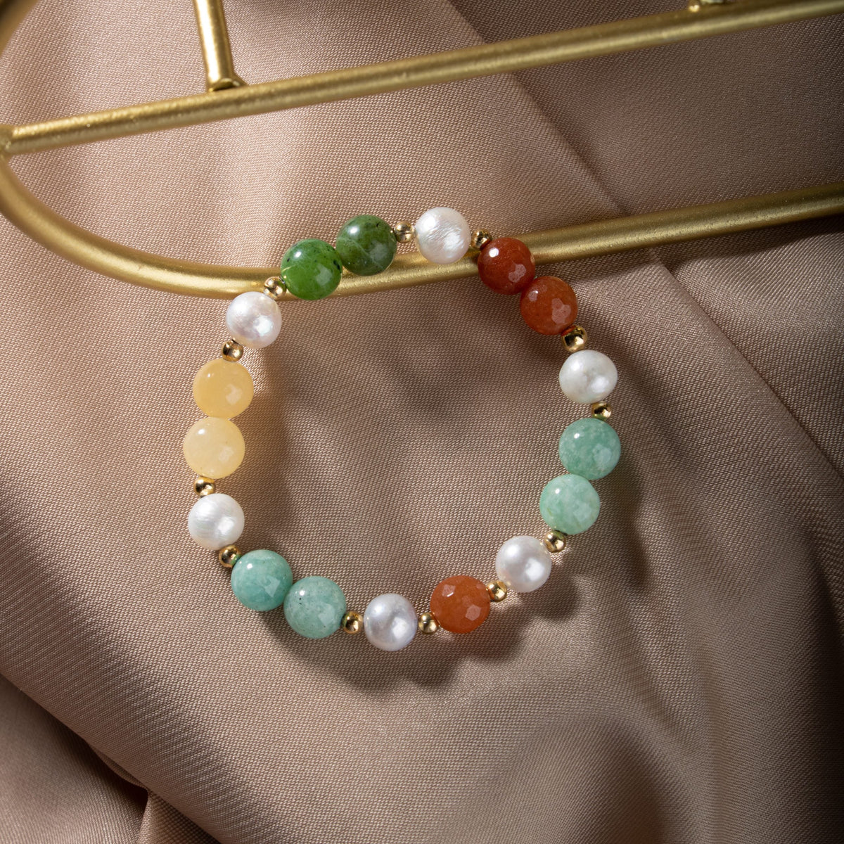 İnci-Turuncu Aventurin-Amazonit-Yeşim-Kalsit Doğal Taş Gümüş Bileklik