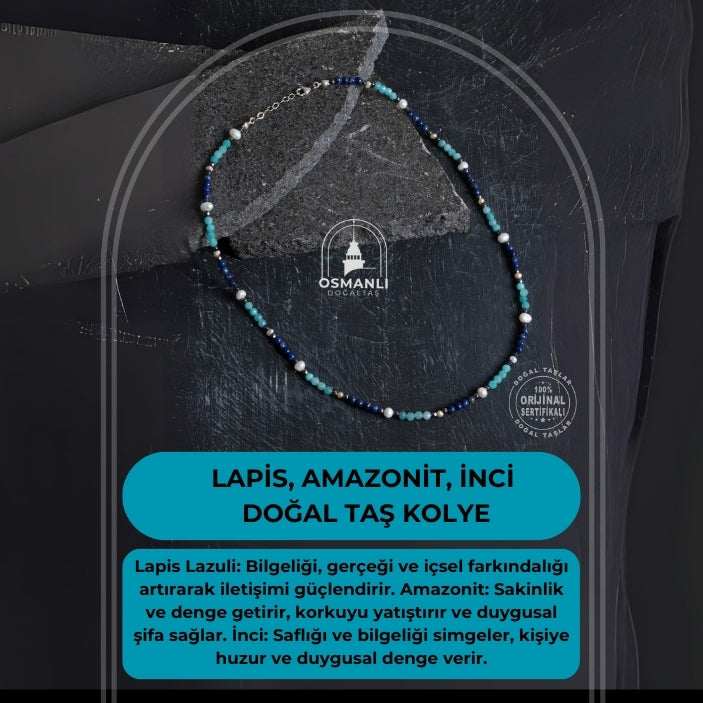 Sertifikalı Lapis, Amazonit, İnci Doğal Taş Kolye