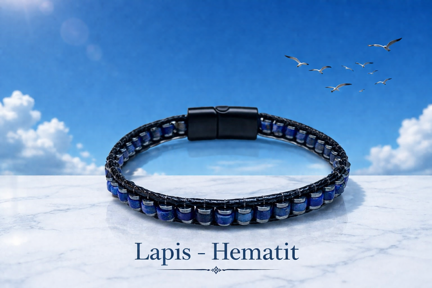 Sertifikalı Lapis Lazuli Özel Tasarım Deri Doğal Taş Mıknatıs Kapama Bileklik (SK:398)