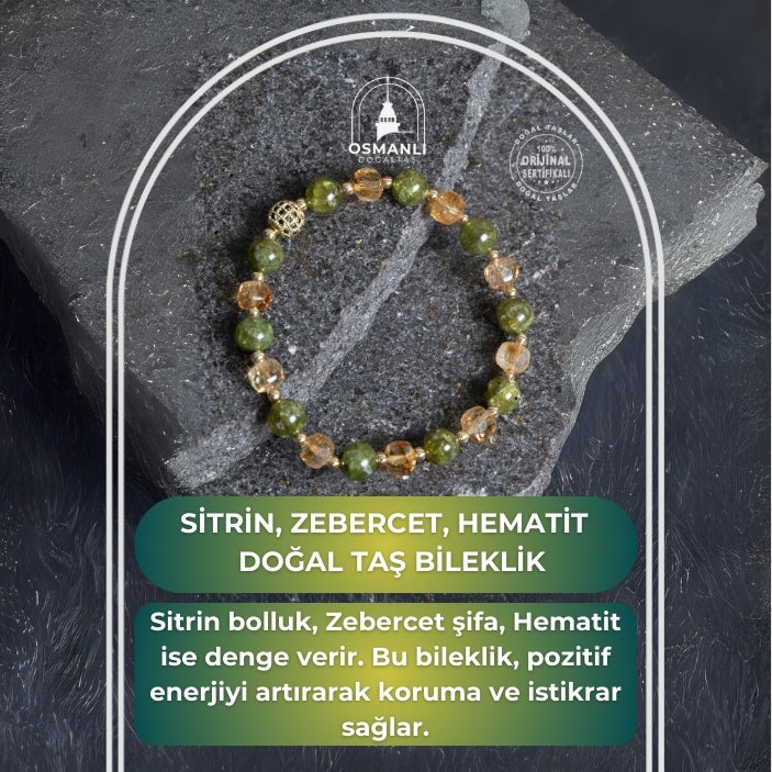 Sertifikalı Sitrin, Zebercet, Hematit Zirkon Aparat Doğal Taş Bileklik