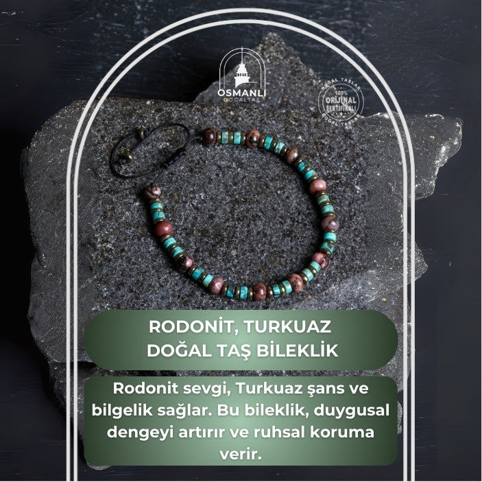 Sertifikalı Rodonit, Turkuaz Doğal Taş Makrome Bileklik
