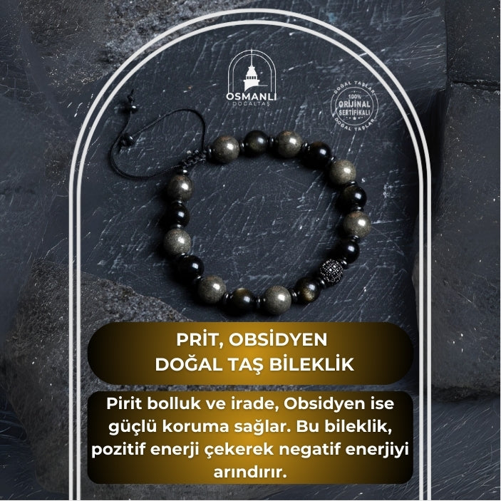 Sertifikalı Prit, Obsidyen Zirkon Aparat  Doğal Taş Makrome Bileklik