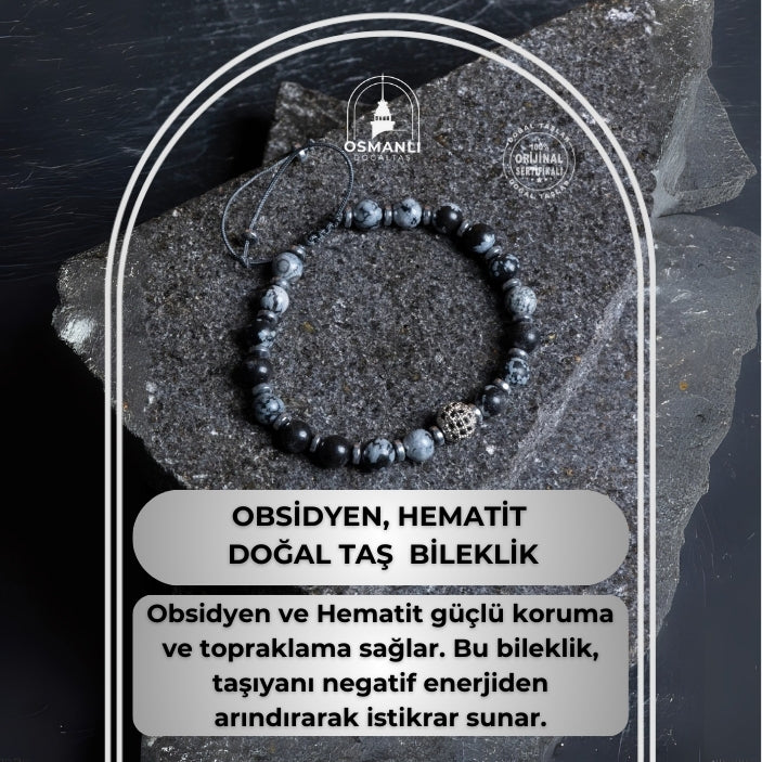 Sertifikalı Obsidyen, Hematit Zirkon Aparat Doğal Taş Makrome Bileklik