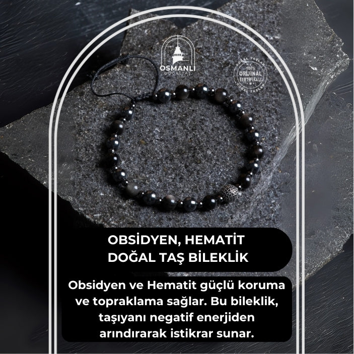 Sertifikalı Obsidyen, Hematit Gümüş Aparat  Doğal Taş Makrome Bileklik