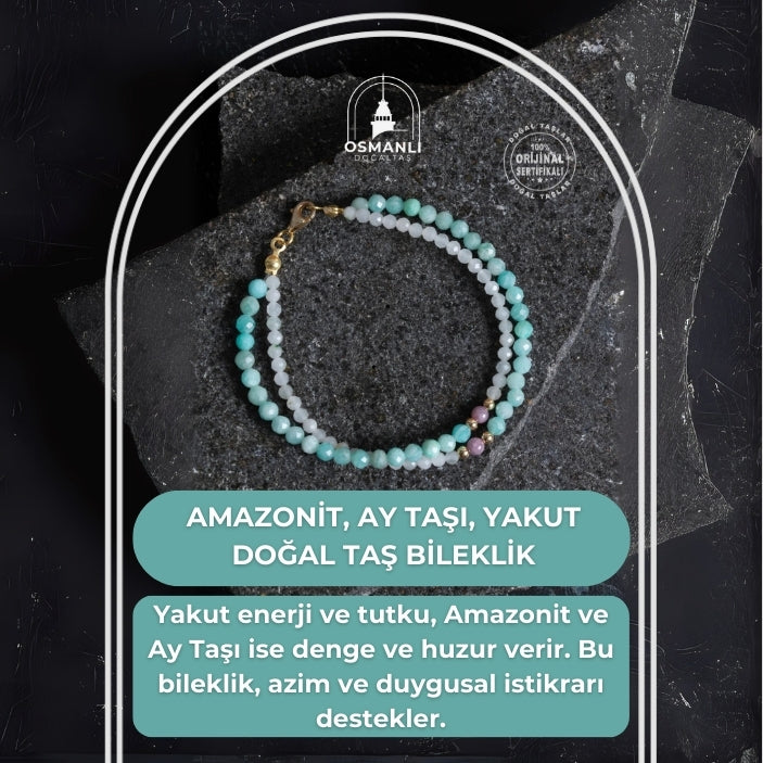 Sertifikalı Amazonit, Ay Taşı, Yakut Doğal Taş Bileklik