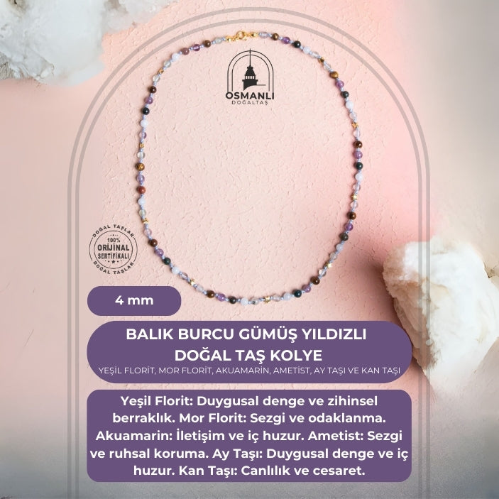 Sertifikalı Balık Burcu Gümüş Yıldızlı Doğal Taş Kolye