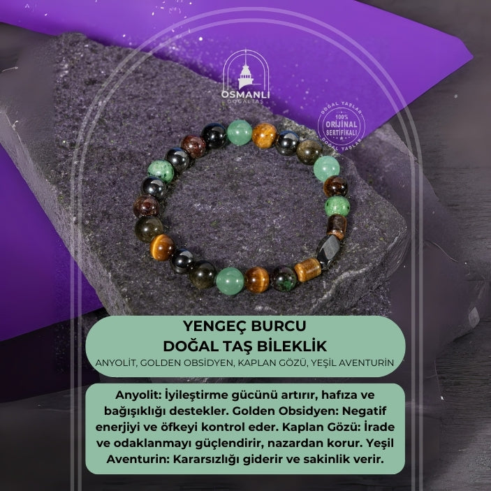 Yengeç Burcu Bileklik Anyolit, Golden Obsidyen, Kaplan Gözü, Yeşil Aventurin