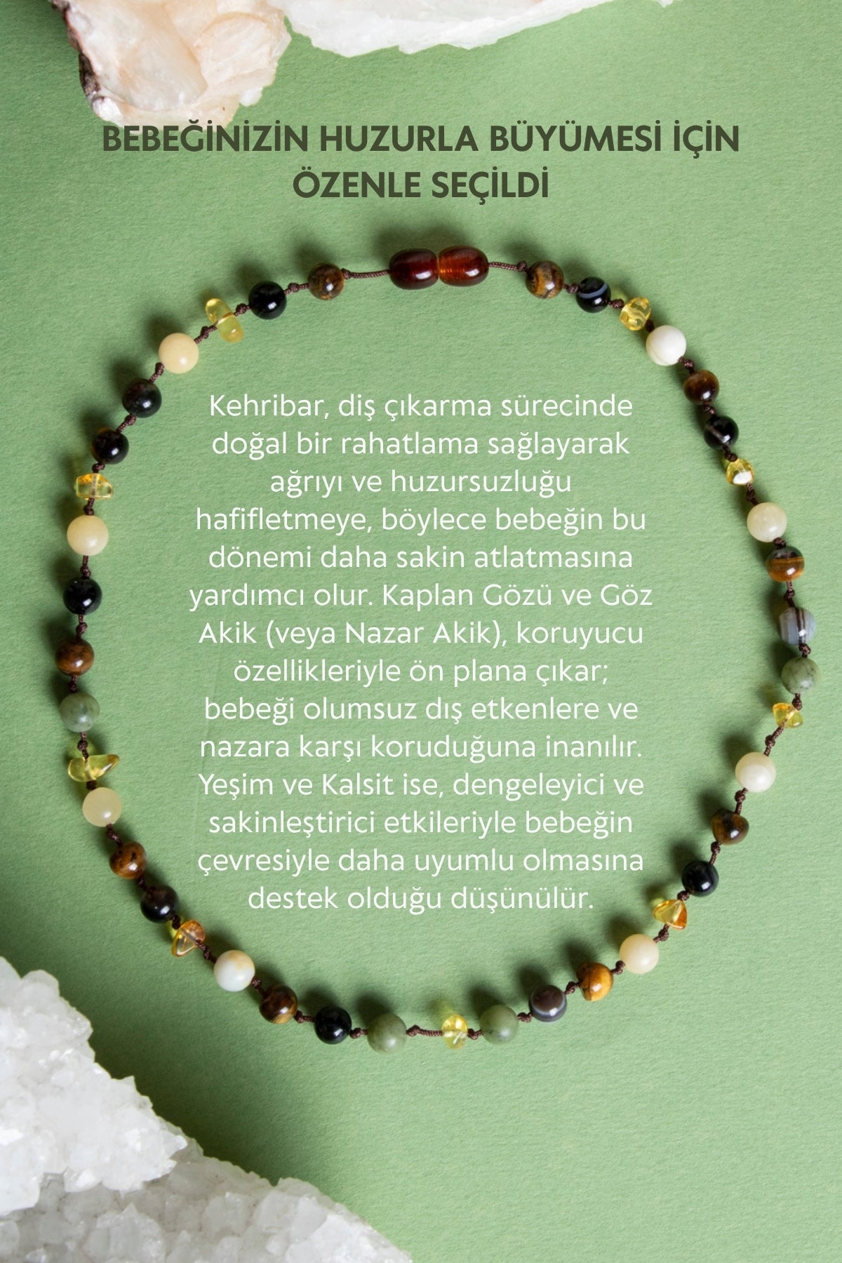 Sertifikalı Bebek Kehribar Kolye Kehribar - Yeşim - Kaplan Gözü - Kahve Göz Akik- Kalsit