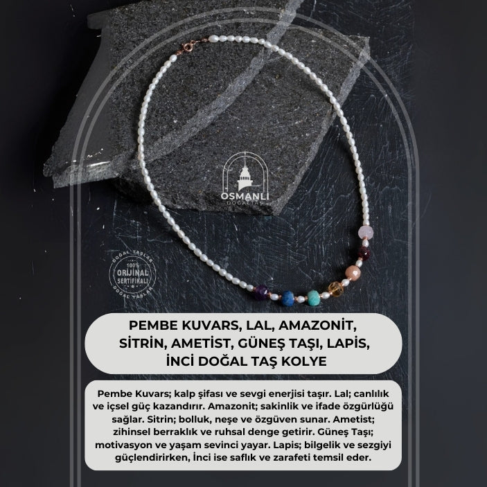 Sertifikalı Pembe Kuvars, Lal, Amazonit, Sitrin, Ametist, Güneş Taşı, Lapis, İnci Doğal Taş Kolye