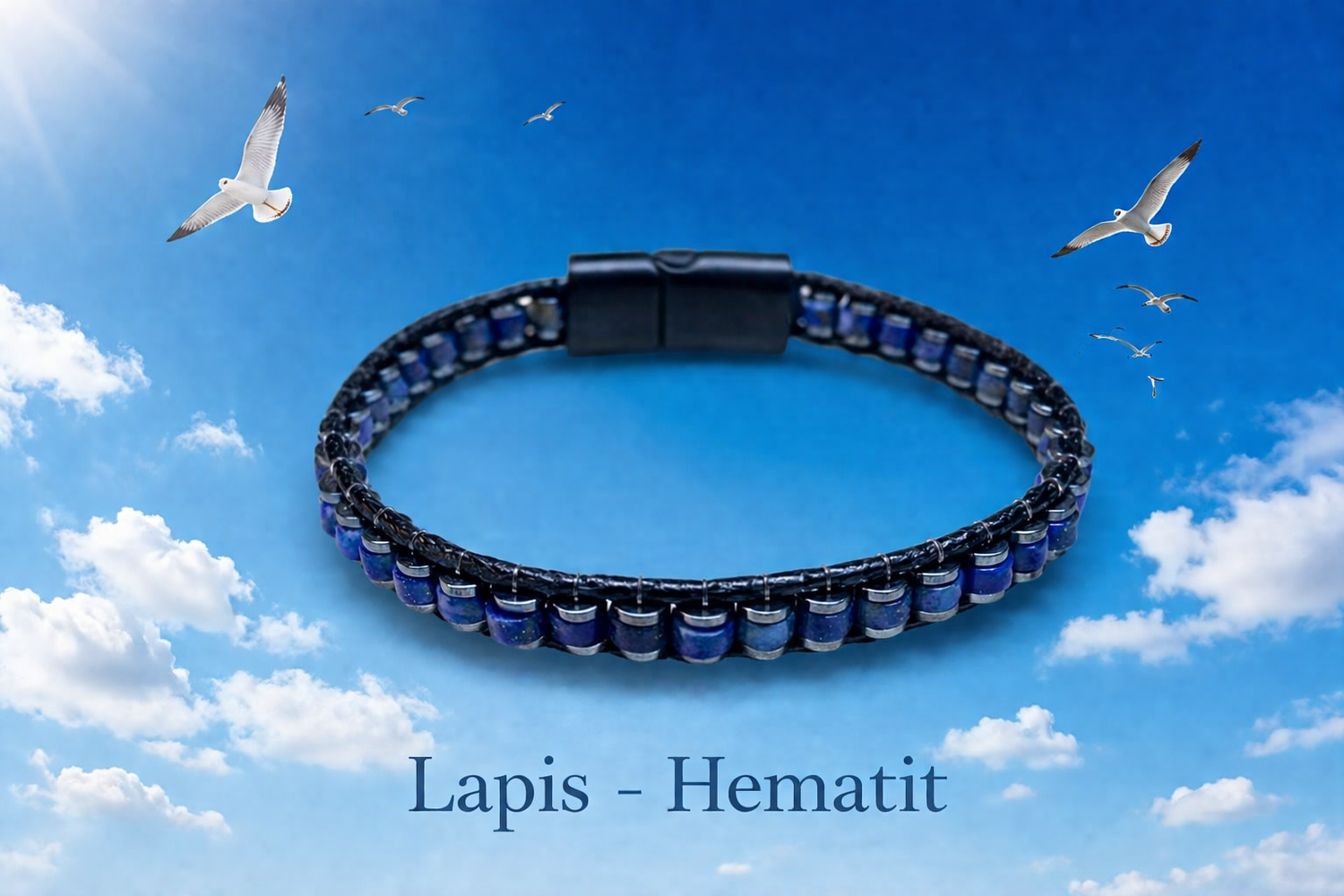 Sertifikalı Lapis Lazuli Özel Tasarım Deri Doğal Taş Mıknatıs Kapama Bileklik (SK:398)