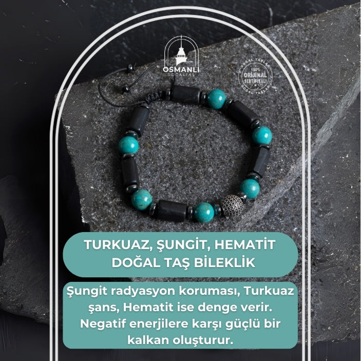 Sertifikalı Turkuaz, Şungit, Hematit Gümüş Aparat Makrome Doğal Taş Bileklik