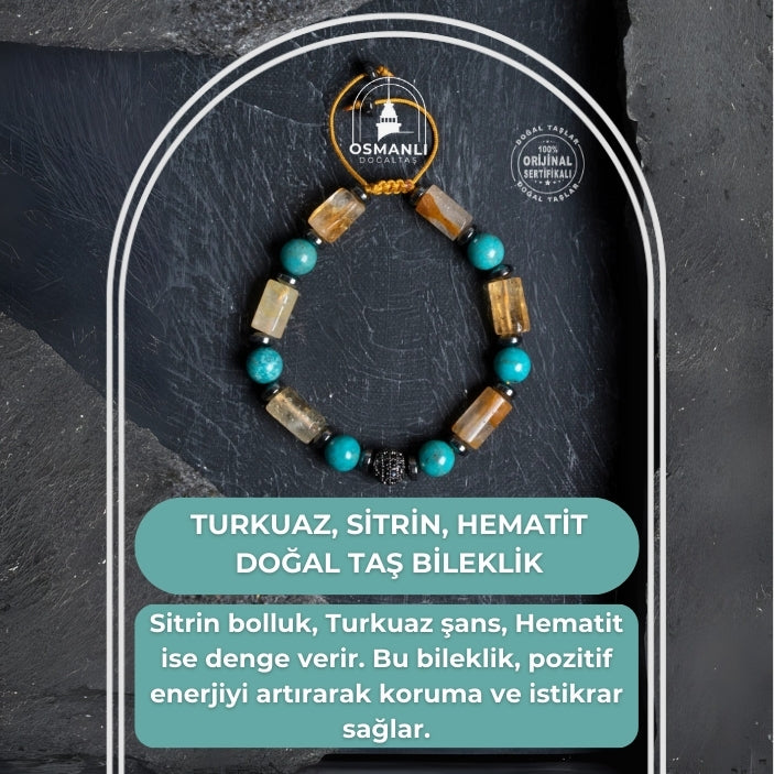 Sertifikalı Turkuaz, Sitrin, Hematit Doğal Taş Makrome Bileklik