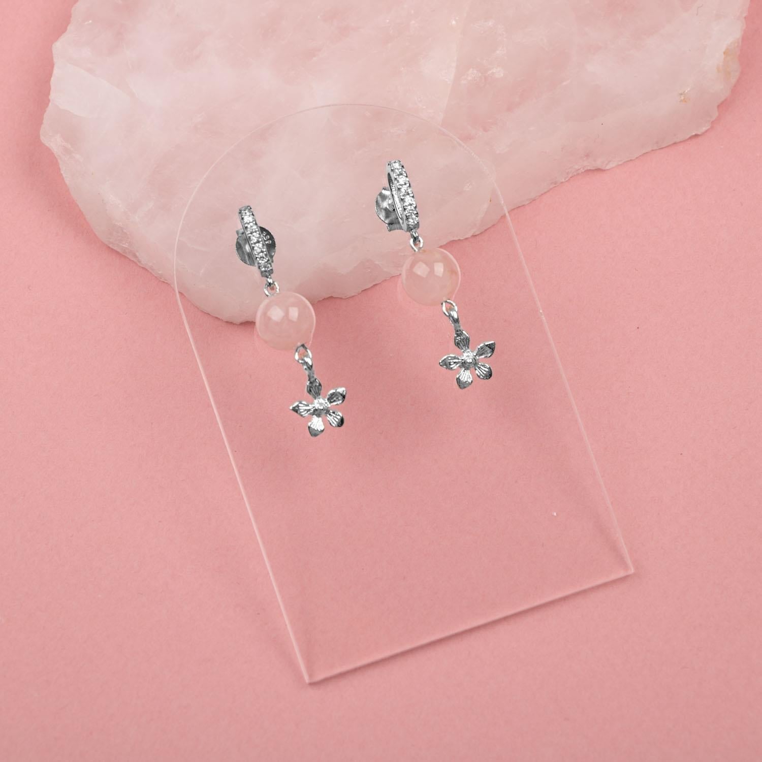 Pembe Kuvars Doğal Taş Gümüş Çiçekli Küpe