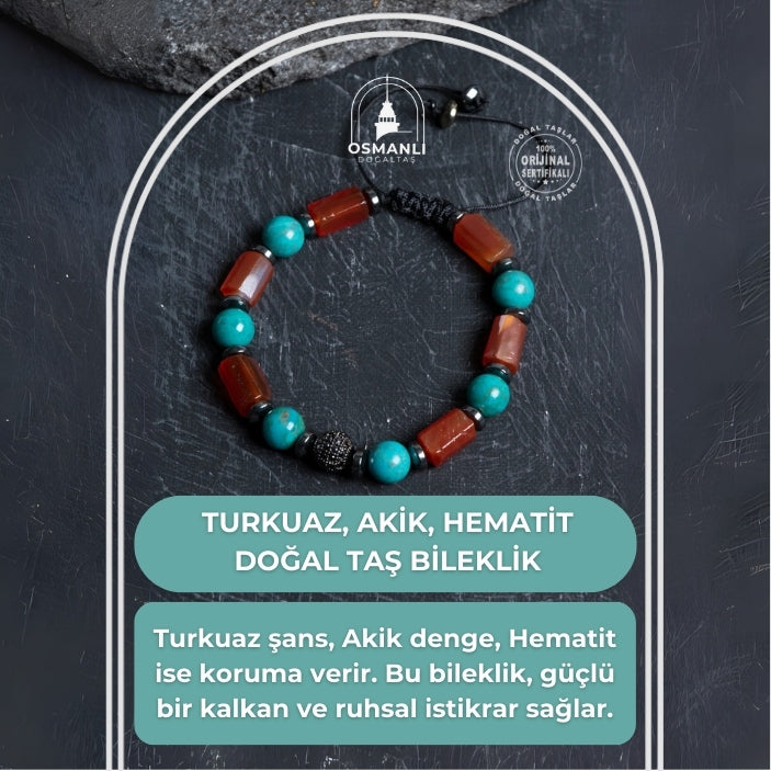 Sertifikalı Turkuaz, Akik, Hematit Zirkon Aparat Makrome Doğal Taş Bileklik