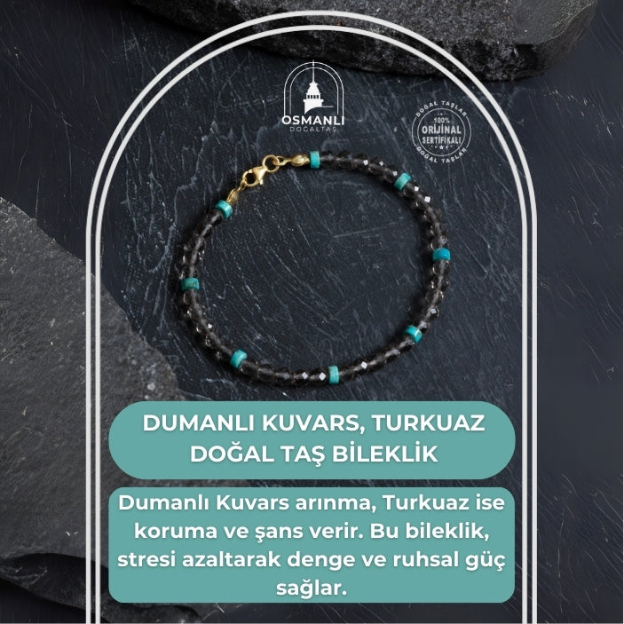 Sertifikalı Dumanlı Kuvars, Turkuaz Doğal Taş Bileklik