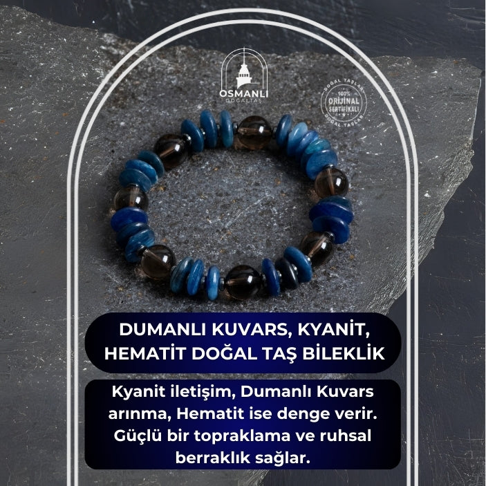 Sertifikalı Dumanlı Kuvars, Kyanit, Hematit Doğal Taş Bileklik