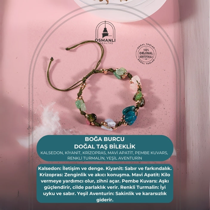 Boğa Burcu Bileklik Kalsedon, Kiyanit, Krizopras, Mavi Apatit, Pembe Kuvars, Renkli Turmalin, Yeşil Aventurin