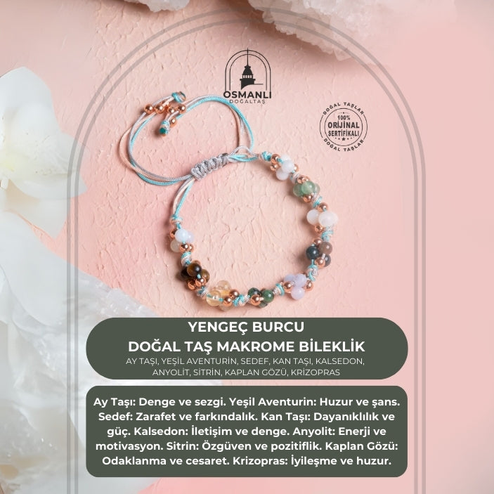 Sertifikalı  Doğal Taş Makrome Bileklik-Yengeç Burcu