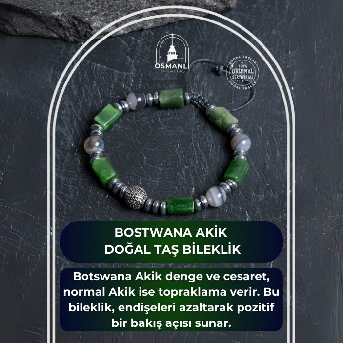 Sertifikalı Bostwana, Akik Gümüş Aparat Makrome Doğal Taş Bileklik
