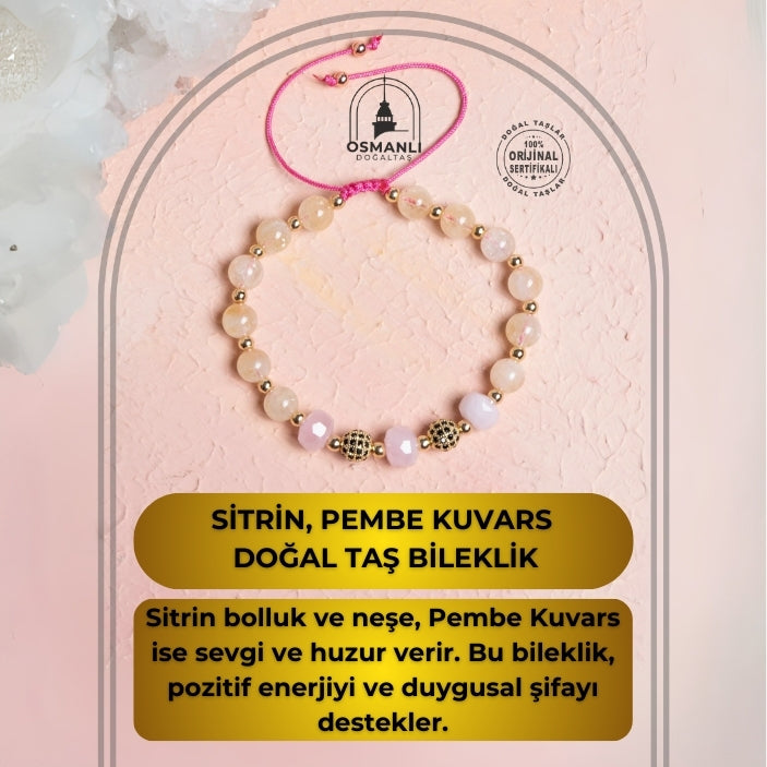 Sertifikalı Sitrin, Pembe Kuvars Zirkon Aparat Doğal Taş Bileklik