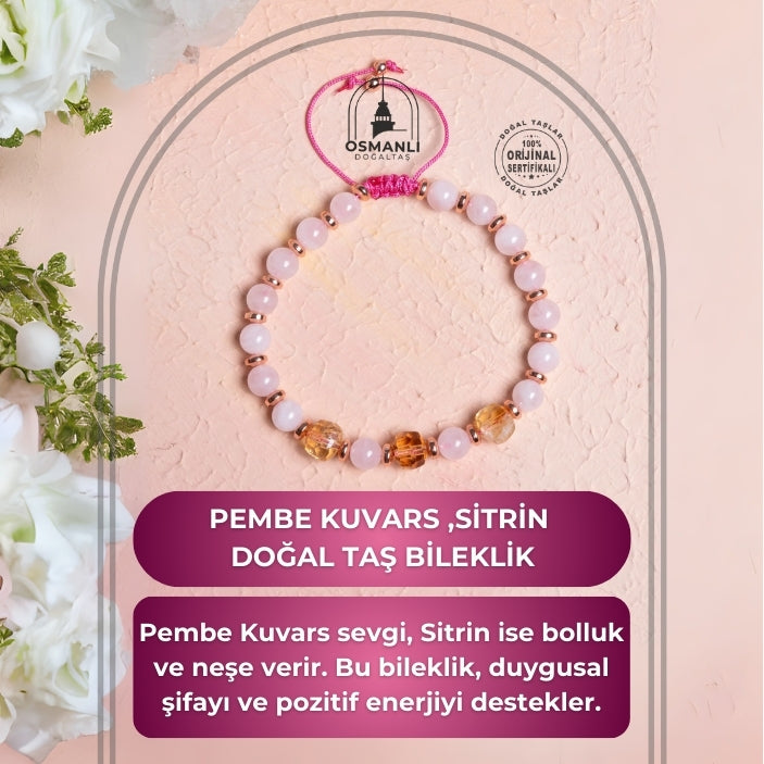 Sertifikalı Pembe Kuvars ,Sitrin Fasetli Doğal Taş Bileklik