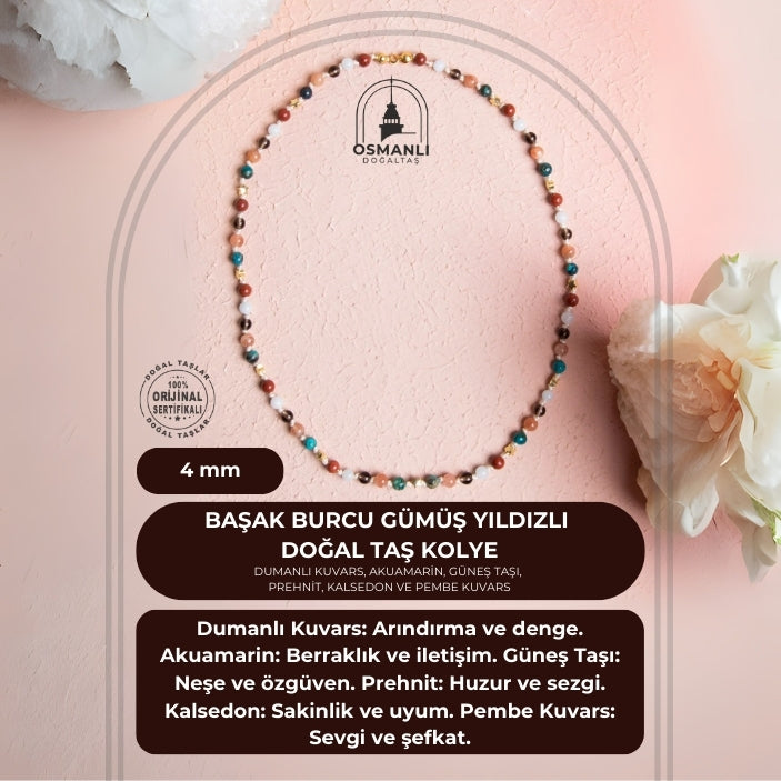 Sertifikalı Başak Burcu Gümüş Yıldızlı Doğal Taş Kolye