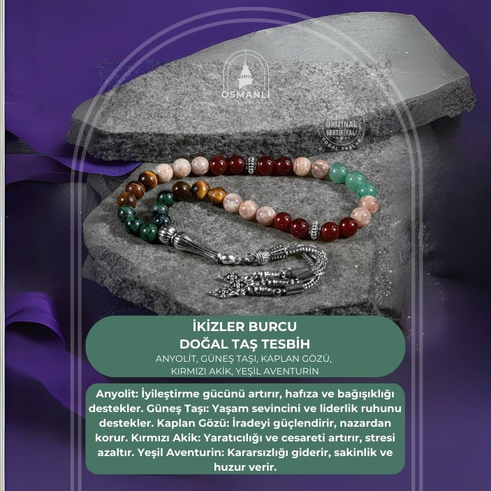 İkizler Burcu Tesbih Anyolit, Güneş Taşı, Kaplan Gözü, Kırmızı Akik, Yeşil Aventurin
